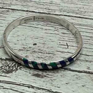 Taxco Silver Hinged Bracelet Azurite Stone with Blue and Green Details